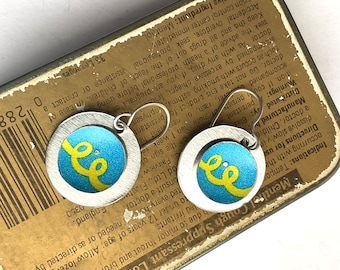 Turquoise and Yellow Tin Earrings, Light Weight, Tin Disc Earrings, Sterling Ear Wires, Tin Anniversary