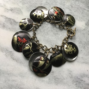 Asian Inspired Tin Charm Bracelet, Vintage Tin, Tenth Anniversary, Light Weight, Black and Gold Tin