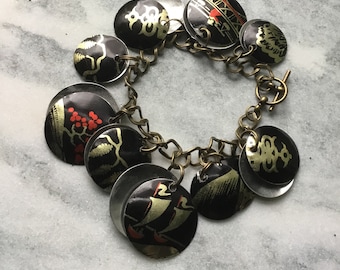 Asian Inspired Tin Charm Bracelet, Vintage Tin, Tenth Anniversary, Light Weight, Black and Gold Tin