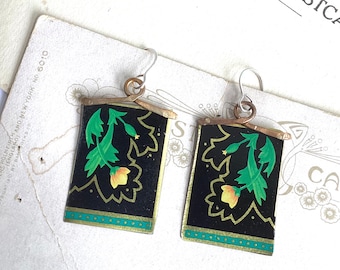 Green and Black Vintage Tin and Brass Wire Earrings, Sterling Ear Wires, 10th Anniversary