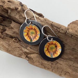 Sunflower Tin Disc Earrings, Vintage Tin, Sterling Ear Wires