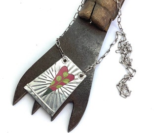 Heart Tin And Silver Necklace, Pink with Green Branch, Sterling Chain