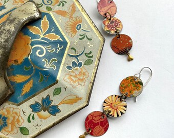 Bright  Orange Flowers Triple Drop Tin Earrings, Sterling Ear Wires, Vintage Tin, 10th Anniversary