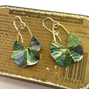 Green, Blue and Purple Fan Folded Tin Earrings, Sterling Ear Wires, 10th Anniversary