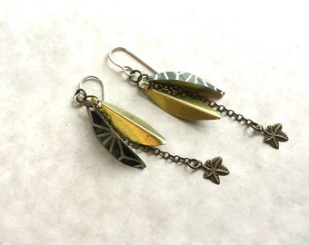 Green Falling Leaves Tin Earrings, Sterling Ear Wires, 10th Anniversary