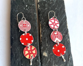 Red, White and Silver  Three Disc Tin Earrings, Sterling Ear Wires, Vintage Tin, 10th Anniversary