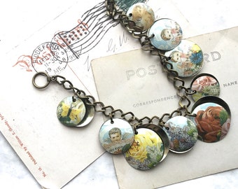 Cherubs and Flowers Tin Charm Bracelet, Recycled Tin, 10th Anniversary