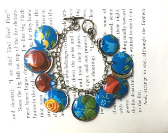 Tin Charm Bracelet, Blue and Brick Red, Vintage Tin, Light Weight, 10th Anniversary