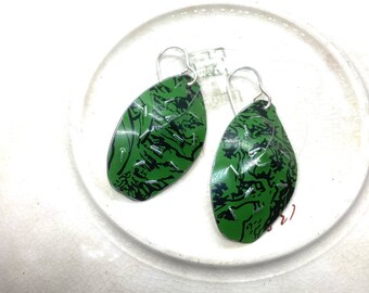 Green Textured Tin Leaf Earrings, Sterling Ear Wires, 10th Anniversary