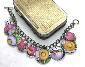 Pink Purple and Orange Floral Tin Charm Bracelet with Hearts, Tin Anniversary, Recycled Tin