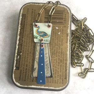 Bird Lover Stacked Tin Necklace, Vintage Tin, Brass Chain, 10th Anniversary