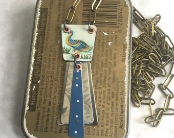 Bird Lover Stacked Tin Necklace, Vintage Tin, Brass Chain, 10th Anniversary