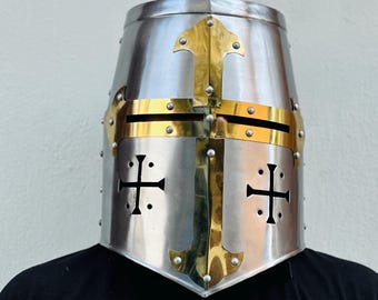 Średniowieczny mosiężny hełm krzyżowca do noszenia, hełm templariusza Barbuta, wielki hełm rycerski, kostium cosplay na LARP i rekwizyty na Halloween