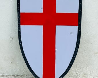 Średniowieczna tarcza krzyżowca, stalowa tarcza, rycerz bojowy, podgrzewacz, tarcza rycerza, templariusza, wojownika, cosplay, czerwony krzyż, dekoracja