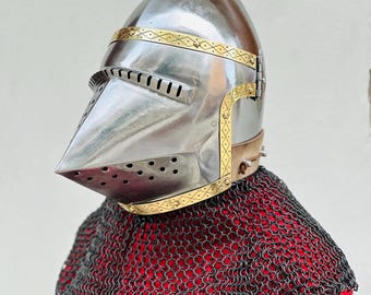 Średniowieczny hełm | Średniowieczny hełm bascinet z twarzą świni | Stalowy hełm kolczy Aventail, hełm rycerski kalibru 18, LARP SCA, Halloween Cosplay