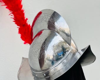 Średniowieczny hiszpański hełm grzebieniowy, stalowy hełm Morion Boat, hełm z trawieniem, otwarty hełm krzyżowca, zbroja rycerska, kostium wojownika na Halloween, Larp
