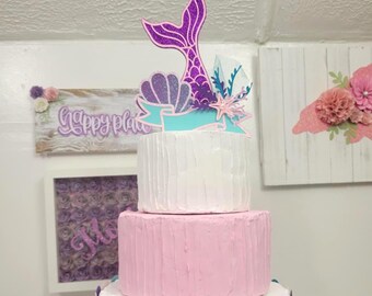 Adorno para tarta de sirena, tarta de cumpleaños bajo el mar, decoraciones de cumpleaños con temática de sirena, tarta de cumpleaños de sirena, adorno para tarta de cola de sirena.