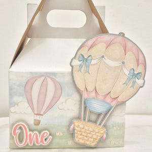 Pastelkleurige heteluchtballon bedankdoos voor meisjes, dromerige wolk themafeest, babyshower meisjes, decor eerste verjaardag, avontuurlijke roze snoepdoos.