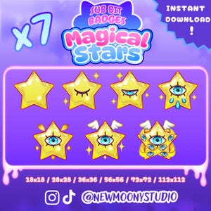 May include: A digital art graphic featuring seven yellow star-shaped badges with various eye designs and wings. The text "SUB BIT BADGES" and "Magical Stars" are displayed above the badges. The image also includes the text "INSTANT DOWNLOAD!" and size dimensions.