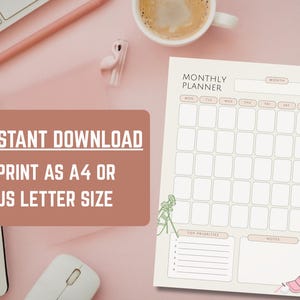 May include: A monthly planner with a golf theme, featuring a grid for daily entries, top priorities, and notes sections. The planner includes the text "INSTANT DOWNLOAD PRINT AS A4 OR US LETTER SIZE". The design incorporates golf-related illustrations and a pink and green color scheme.