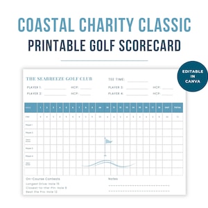 May include: A printable golf scorecard with the text "Coastal Charity Classic" and "Printable Golf Scorecard" in blue. The scorecard includes spaces for player names, handicaps, and scores, with a golf course graphic.