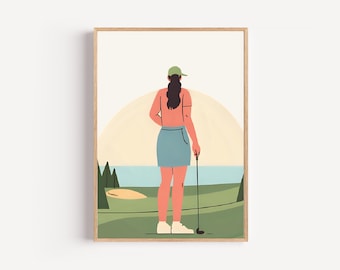 Whimsical Female Golfer Print: Pastel Golf Course Art (Digital Download)