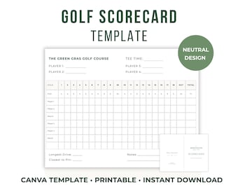 Plantilla editable de tarjeta de puntuación de golf en Canva, tarjeta de puntuación imprimible para torneos de golf, hoja de reglas de golf, plantilla para eventos de golf, tarjeta plegable tamaño carta estadounidense.