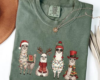 Comfort Colors® Funny Llama Christmas T-Shirt, Cute Santa Hat Llama with Lights and Present, Xmas Holiday Party Shirt Gift