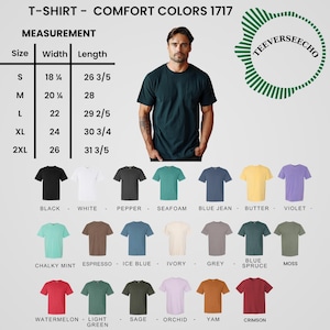 May include: A dark green t-shirt with a pocket, displayed with a variety of color options. The image includes a size chart with measurements in inches and the text "T-SHIRT - COMFORT COLORS 1717".
