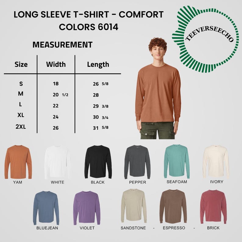 May include: A long-sleeve comfort t-shirt in a rust color is modeled. The image includes a size chart with measurements in inches, and color options: Yam, White, Black, Pepper, Seafoam, Ivory, Bluejean, Violet, Sandstone, Espresso, and Brick.