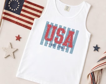 Comfort Colors USA Tank Top, Patriotic 4th of July Shirt, Est 1776 America Tank, Vintage Pepper Summer Top, USA Gift