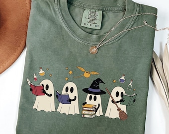 Comfort Colors® Cute Ghost Reading Book Halloween T-Shirt, Ghost Reading Book Girly Shirt, Ghost Girly Halloween Gift, Trendy Halloween Gift