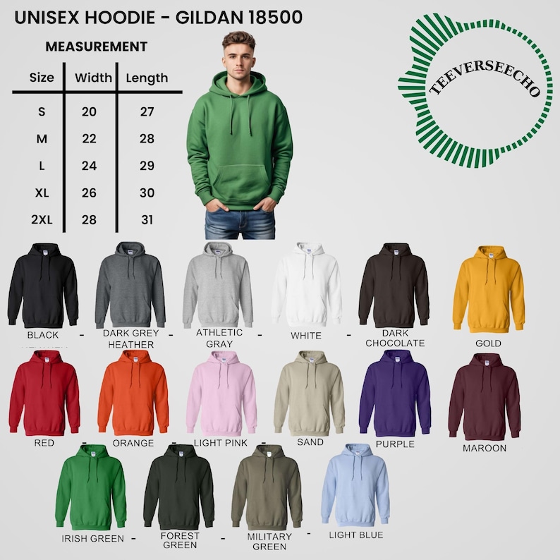 May include: A unisex Gildan 18500 hoodie in various colors, including black, dark grey, and gold. The image shows a model wearing a green hoodie. Measurements are provided for sizes S-2XL, with widths ranging from 20 to 28 inches and lengths from 27 to 31 inches.