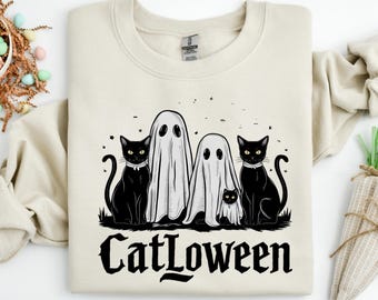 Cat Halloween Sweatshirt - Cozy Fall Fashion for Cat Lovers, Spooky Cat Shirt Perfect for Catoween and Halloween Celebrations, Ghost Sweater