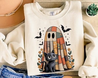 Cute Ghost Cat Sweatshirt, Halloween Cat Shirt, Spooky Kitty Crewneck, Cat Mom T-Shirt, Cat Lover Gift, Fall Graphic Tee