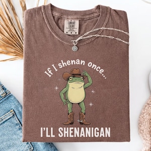 May include: A brown t-shirt with the text "If I shenan once... I'll shenanigan" and a cartoon frog wearing a cowboy hat and boots. A silver necklace with a pendant is on the shirt.