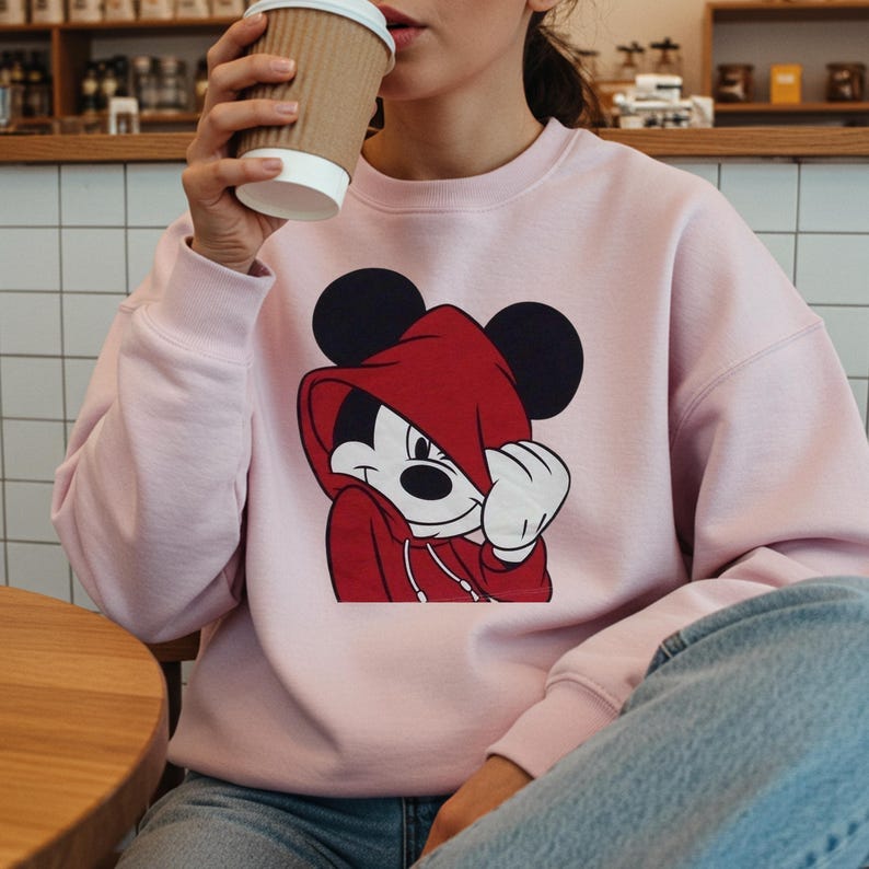 May include: A light pink sweatshirt featuring a graphic of Mickey Mouse wearing a red hoodie. The sweatshirt has a crew neck and long sleeves. The graphic shows Mickey Mouse with a white face, black ears, and a red hoodie.