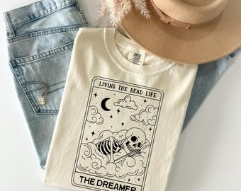 T-shirt pour cartes de tarot Comfort Colors®, T-shirt pour cartes The Dreamer, T-shirt Tarot Death, T-shirt Witchy, T-shirt Tarot Skeleton, T-shirt Tarot d'Halloween