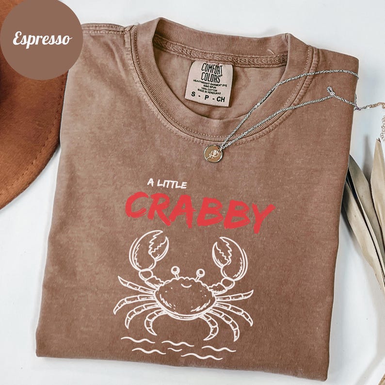 May include: Espresso-colored t-shirt with the text "A Little Crabby" in red and a white crab illustration. The shirt has a crew neck and short sleeves. A silver necklace with a pendant is draped across the shirt.