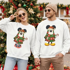 Mickey and Minnie Christmas Couple Sweatshirts, Matching Patchwork Ghost Crewnecks, His and Hers Holiday Pullovers