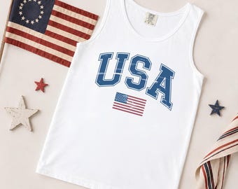 Koszulka bez rękawów Comfort Colors USA, patriotyczna koszulka z okazji 4 lipca, koszulka z amerykańską flagą w stylu vintage, letnia koszulka Freedom