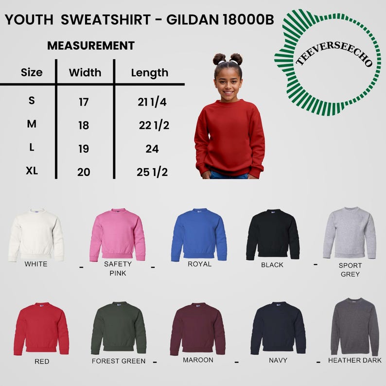May include: A red youth sweatshirt from Gildan, with a measurement chart showing sizes S-XL. The chart lists width and length in inches. Additional sweatshirt colors include white, pink, blue, black, gray, red, green, maroon, navy, and heather dark.