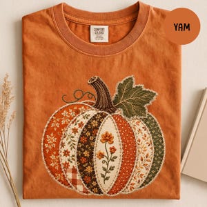 T-shirt Comfort Colors® à motif citrouille patchwork, T-shirt fleuri d'automne, T-shirt Thanksgiving, T-shirt vintage à motif récolte