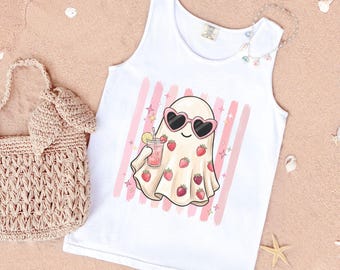 Camiseta sin mangas Comfort Colors® Ghost, linda camiseta de fantasma de verano, camiseta sin mangas con estampado de fantasma de fresa, camiseta de Halloween para la playa