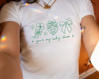 Lucky Charm Baby Tee, St Patricks Day Baby Tee, Sorority Baby Tee For Women, Lucky You Irish Tee, White Tee With Phrase, Trendy Cropped Tee