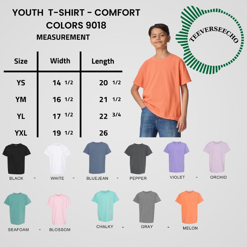 May include: A youth t-shirt in melon, with a size chart showing measurements in inches. The available colors are black, white, bluejean, pepper, violet, orchid, seafoam, blossom, chalky, and gray. The shirt is labeled as "Comfort" and the style number is 9018.