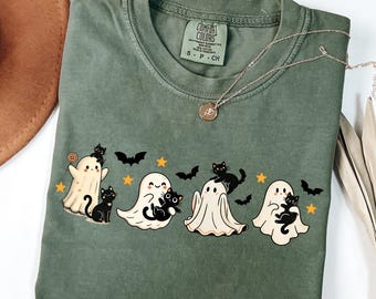 Maglietta con gatto nero e fantasma di Halloween, colori comodi: maglietta per la stagione spettrale