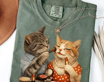 Comfort Colors® Retro Katzen Make-up-Shirt, lustiges Geschenk für Katzenliebhaber, Vintage Katzenillustrations-T-Shirt, süße Katzen-Grafik-T-Shirt, ästhetisches RetroCat-Design