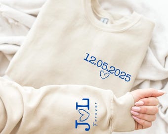Personalized Date Sweatshirt With Initials On Sleeve, Custom Couple Hoodie, Anniversaries Outfit, Matching Valentines Clothing, Wedding Gift