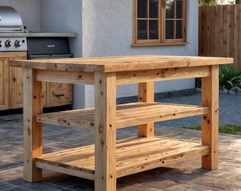May include: A rectangular wooden kitchen island featuring a thick top surface and two lower slatted shelves supported by four sturdy square legs. The piece is constructed from light-toned wood with visible grain patterns and knots throughout the structure.